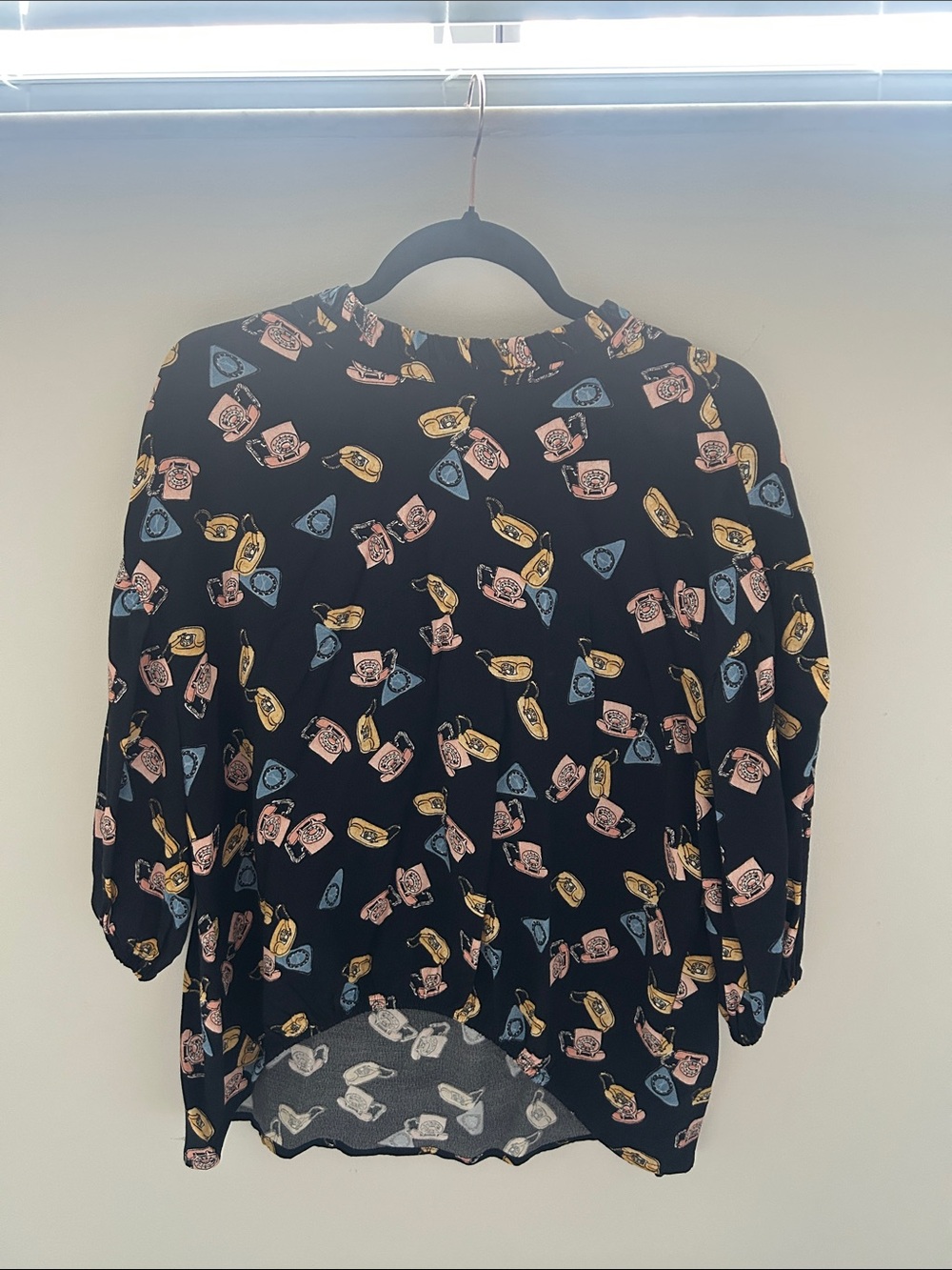 Zara Black Top with Pink, Yellow and Blue Teacup Print